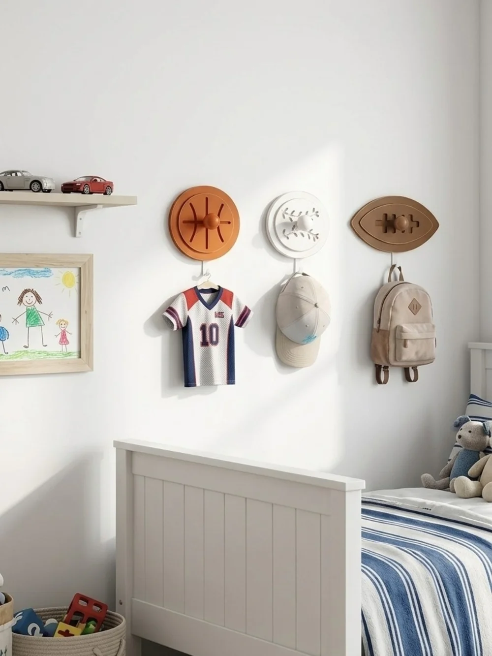 Decorative sports ball wood wall hooks for themed kids' rooms